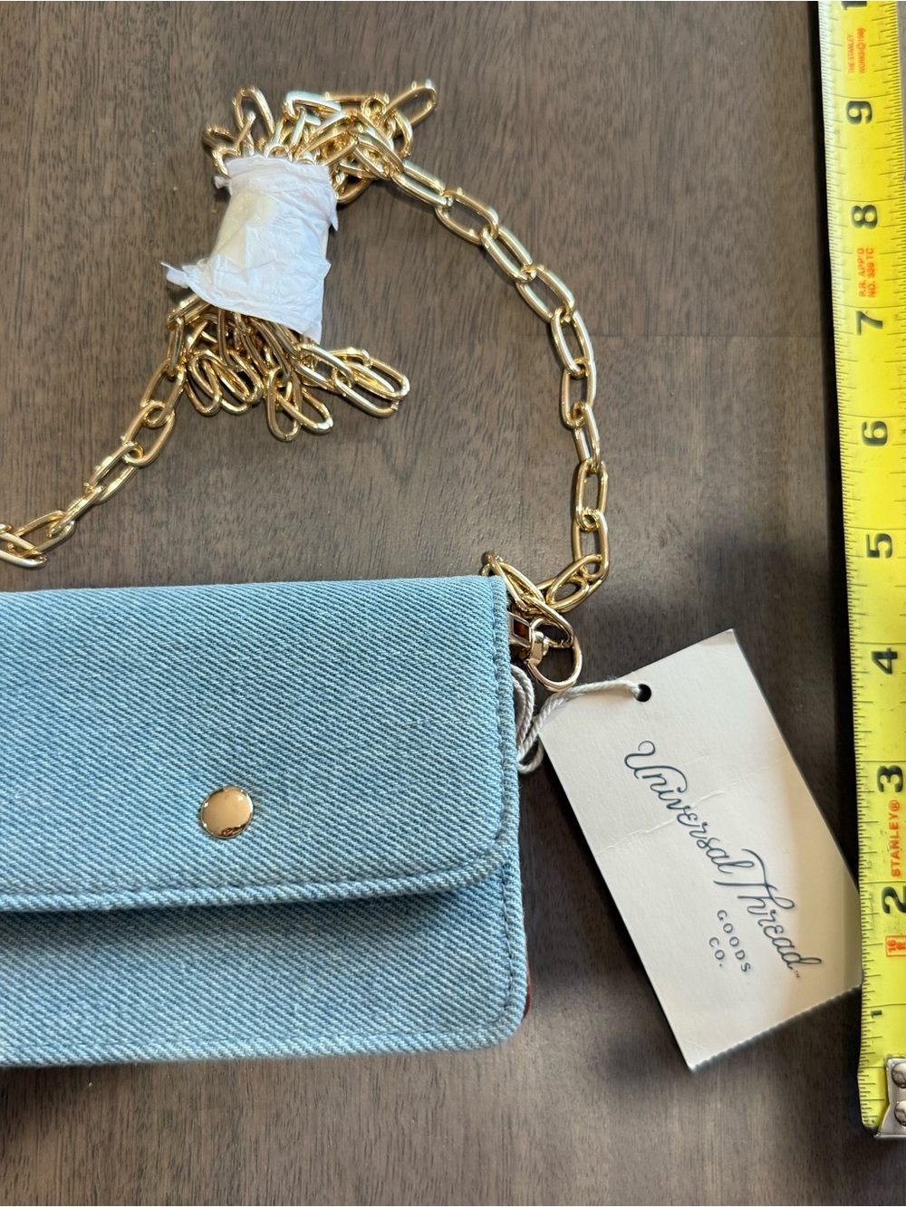 Universal Thread Light Denim Crossbody with Gold Chain
